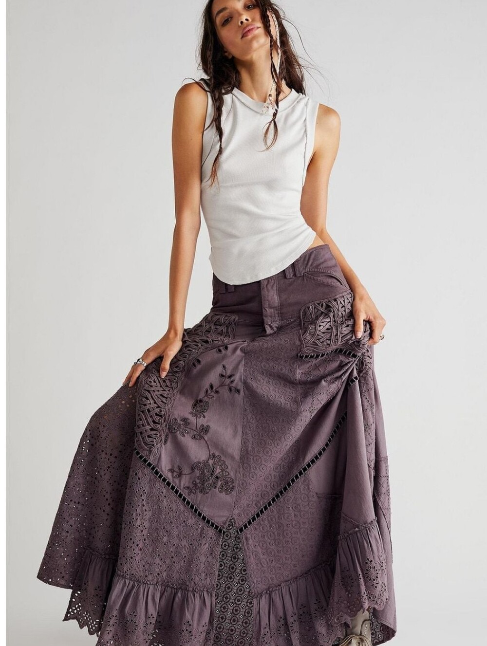 Free People Night Fall Maxi Skirt Noir Gray Crochet Eyelet Size 12